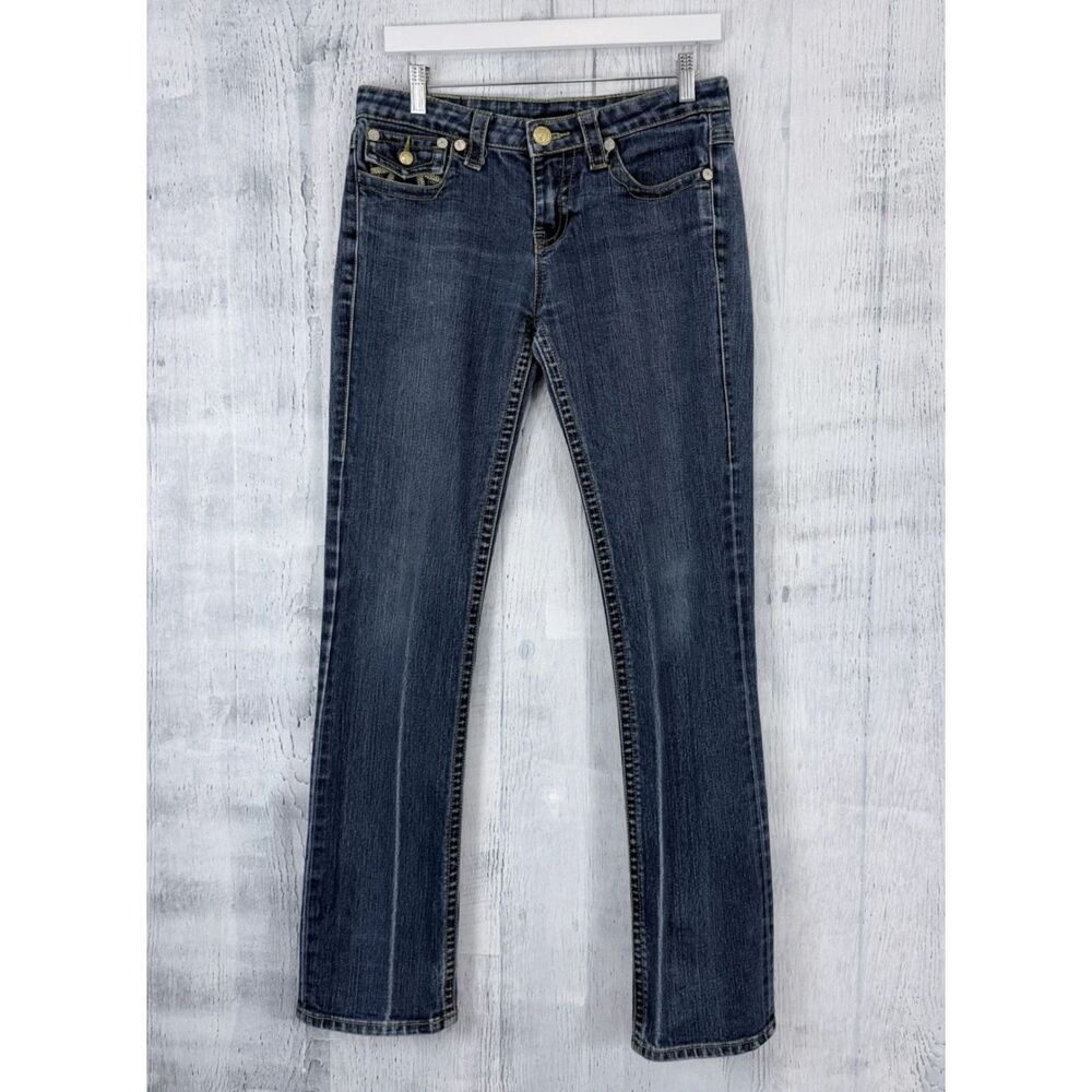 True Religion Bootcut Low Rise Jeans Women 30x32 Med Wash Flap Pocket Distressed